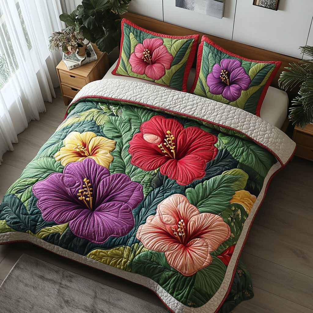 Hibiscus Bloom quilted 3-piece bedding set on a made bed with two matching pillow shams