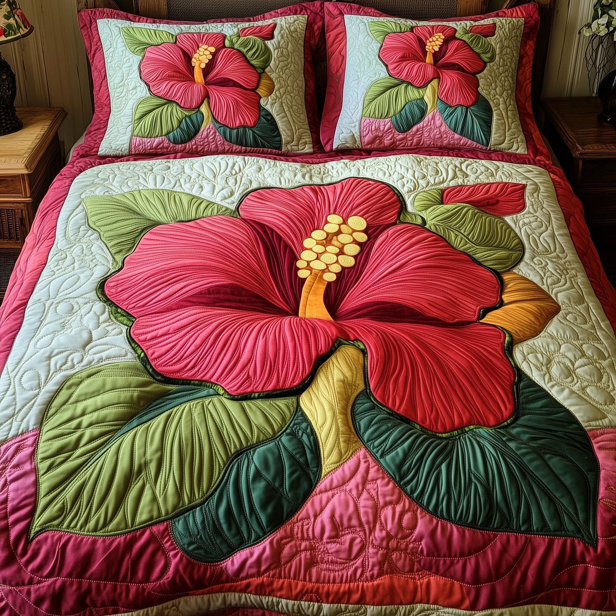 Hibiscus Charm quilted 3-piece bedding set on a made bed with two matching pillow shams