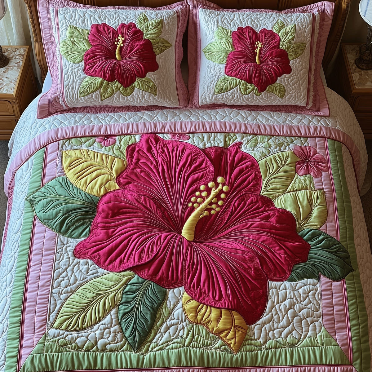Hibiscus Charm quilted 3-piece bedding set on a made bed with two matching pillow shams