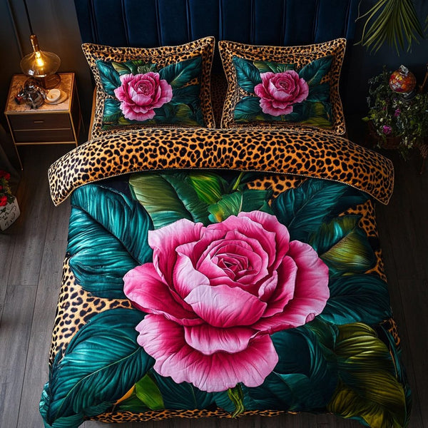 Hibiscus Charm quilted 3-piece bedding set on a made bed with two matching pillow shams