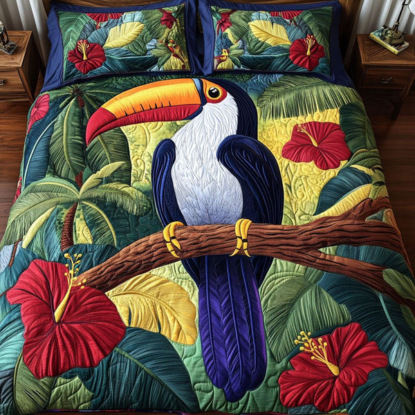 Hibiscus Dream quilted 3-piece bedding set on a made bed with two matching pillow shams