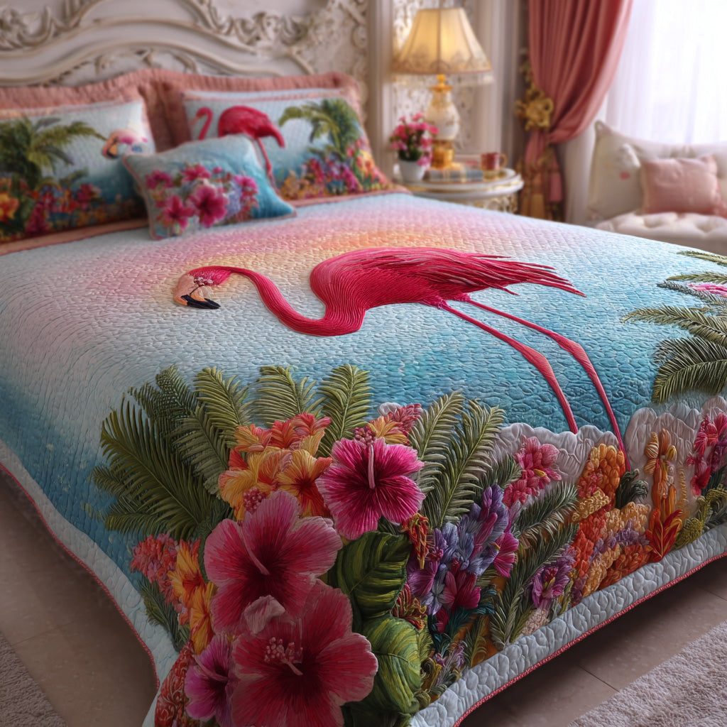 Hibiscus Dream quilted 3-piece bedding set on a made bed with two matching pillow shams
