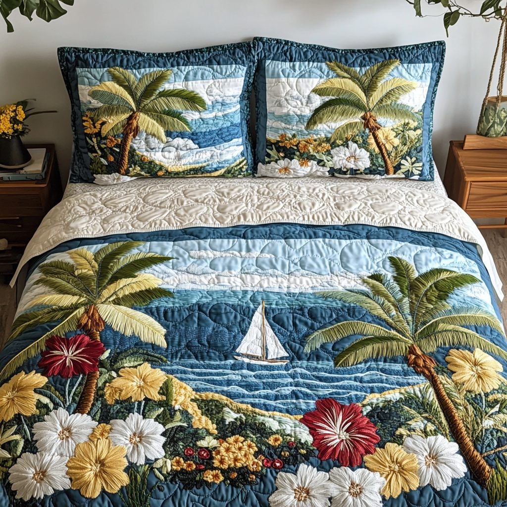 Hibiscus Escape quilted 3-piece bedding set on a made bed with two matching pillow shams