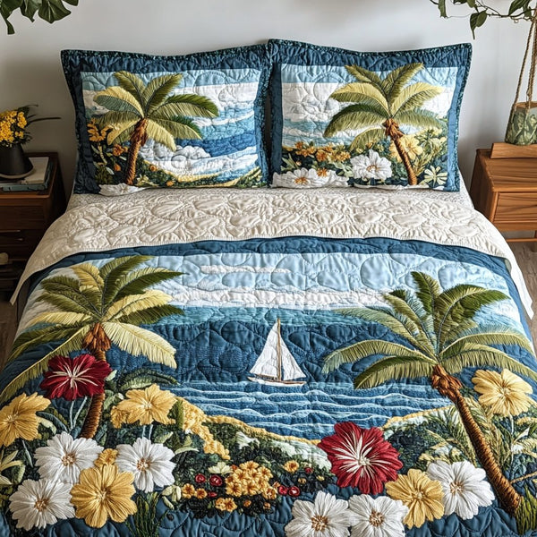 Hibiscus Escape quilted 3-piece bedding set on a made bed with two matching pillow shams