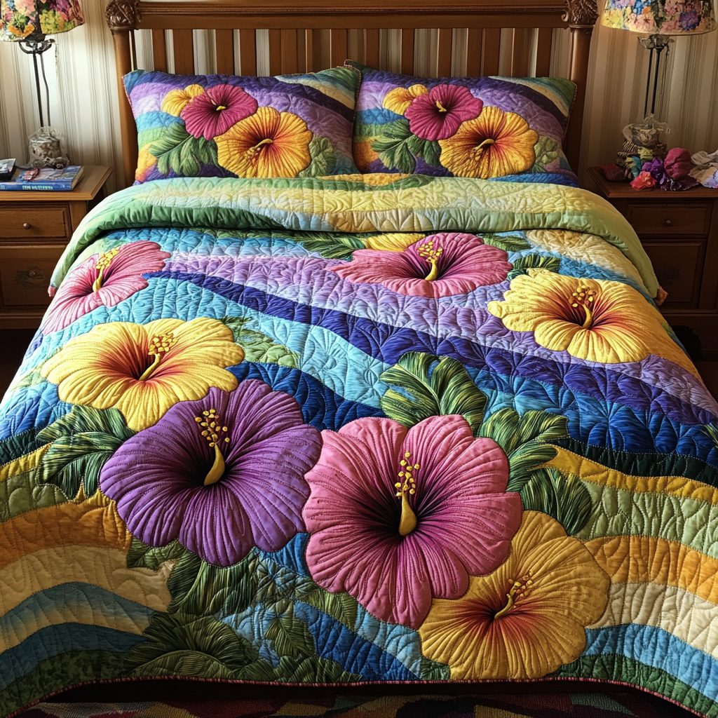 Hibiscus Harmony quilted 3-piece bedding set on a made bed with two matching pillow shams