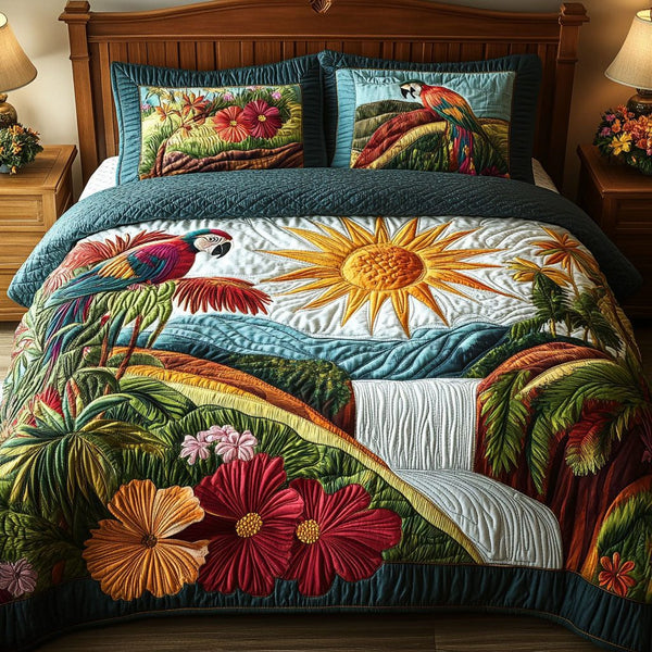 Hibiscus Haven quilted 3-piece bedding set on a made bed with two matching pillow shams
