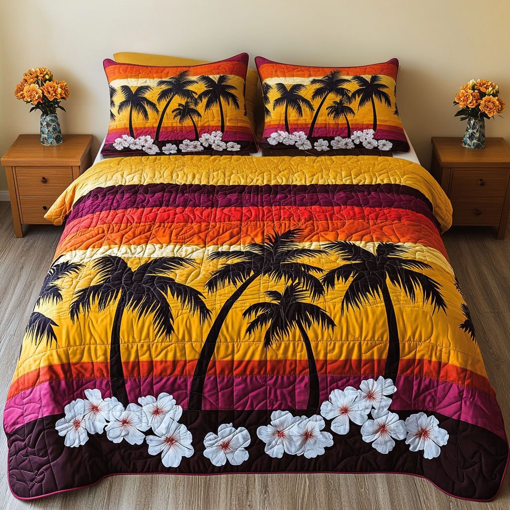 Hibiscus Horizon quilted 3-piece bedding set on a made bed with two matching pillow shams