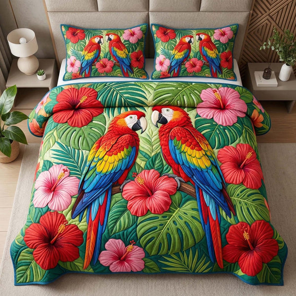 Hibiscus Macaw quilted 3-piece bedding set on a made bed with two matching pillow shams