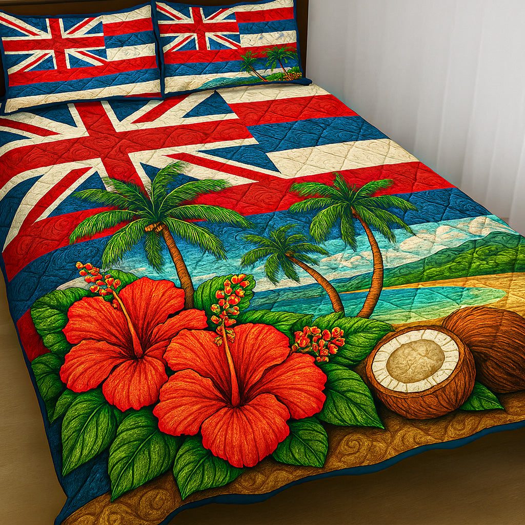 Hibiscus Shore quilted 3-piece bedding set on a made bed in a light coastal bedroom