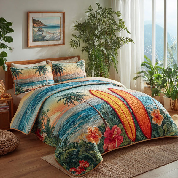 Hibiscus Swell quilted 3-piece bedding set on a made bed with two matching pillow shams