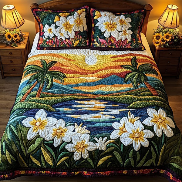 Hibiscus Touch quilted 3-piece bedding set on a made bed with two matching pillow shams