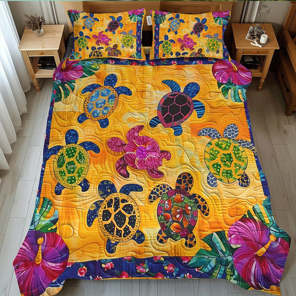 Hibiscus Turtle quilted 3-piece bedding set on a made bed in a light coastal bedroom