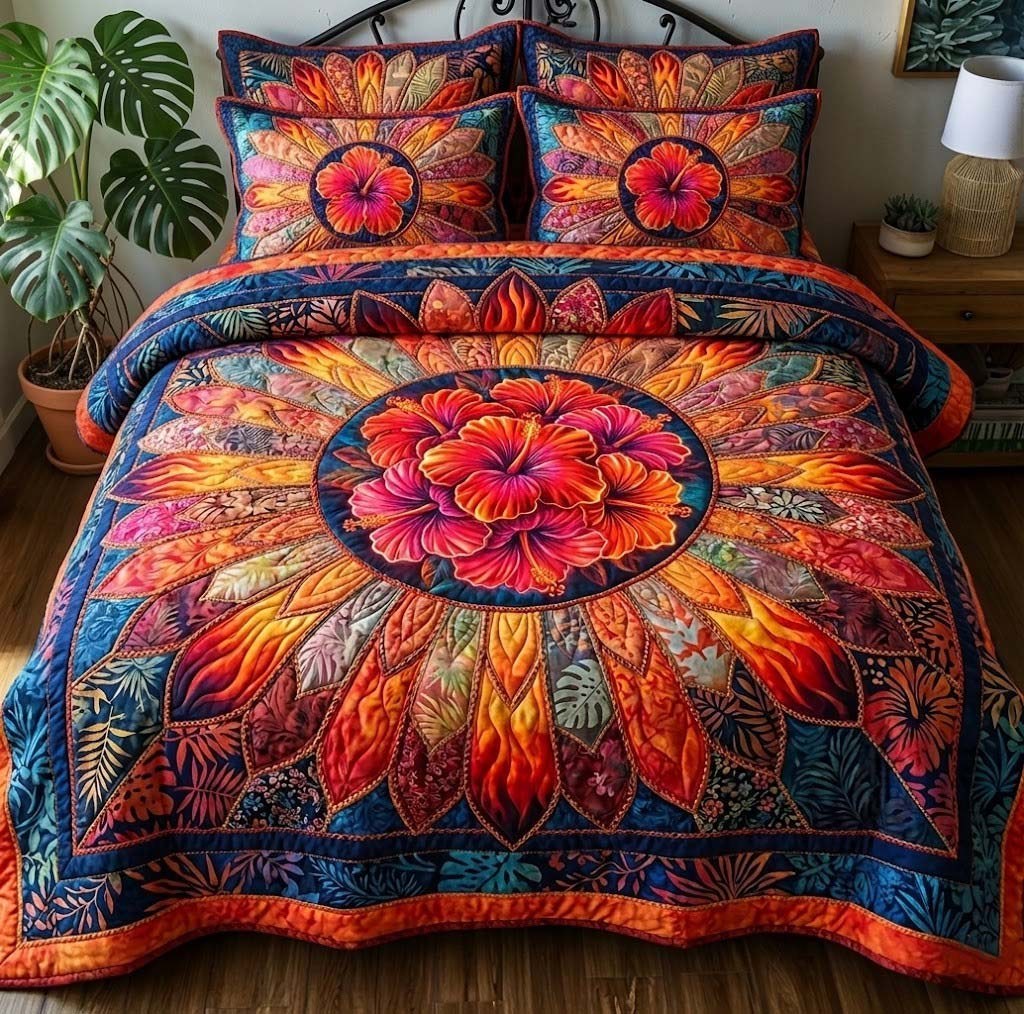 Hibiscus Whisper quilted 3-piece bedding set on a made bed with two matching pillow shams