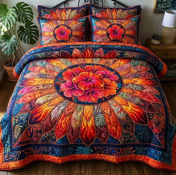 Hibiscus Whisper quilted 3-piece bedding set on a made bed with two matching pillow shams