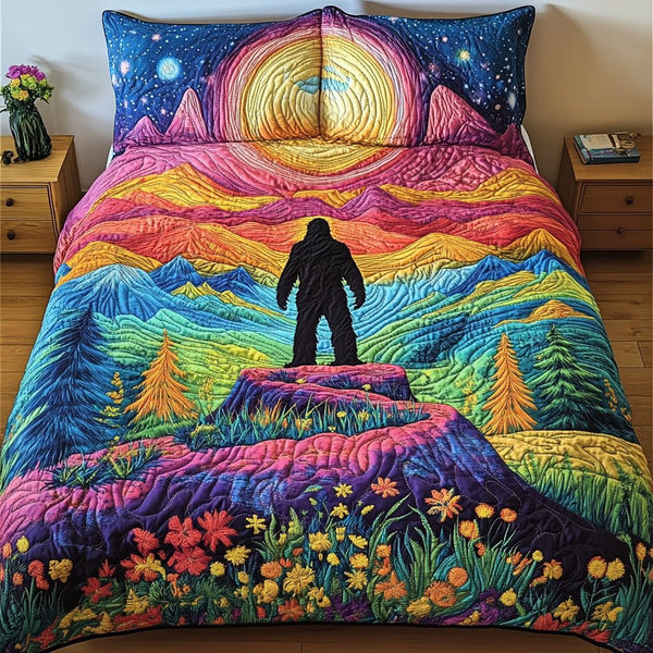 Hidden Bigfoot quilted 3-piece bedding set on a made bed with two matching pillow shams