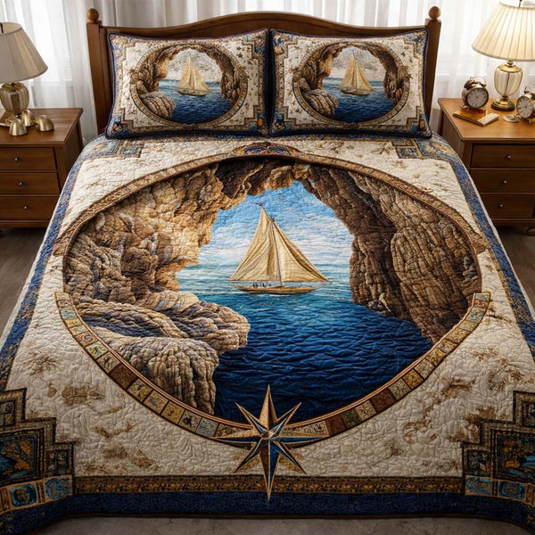 Hidden Cove quilted 3-piece bedding set on a made bed with two matching pillow shams