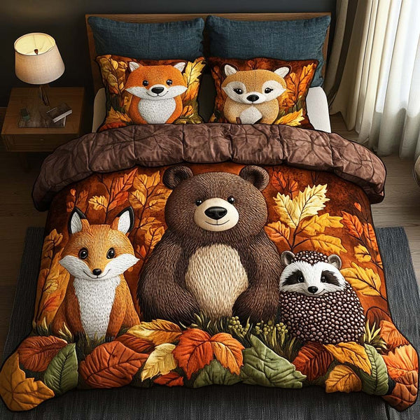 Hidden Forest Tales quilted 3-piece bedding set on a made bed with two matching pillow shams