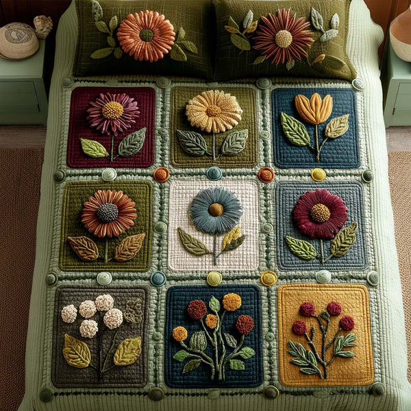 Hidden Garden quilted 3-piece bedding set on a made bed with two matching pillow shams
