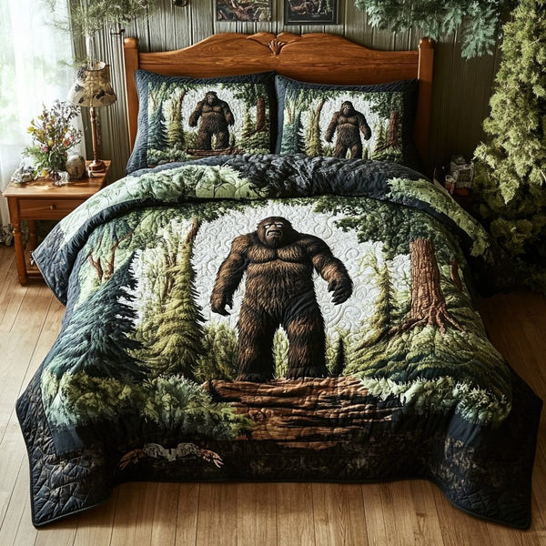Hidden Giant quilted 3-piece bedding set on a made bed with two matching pillow shams