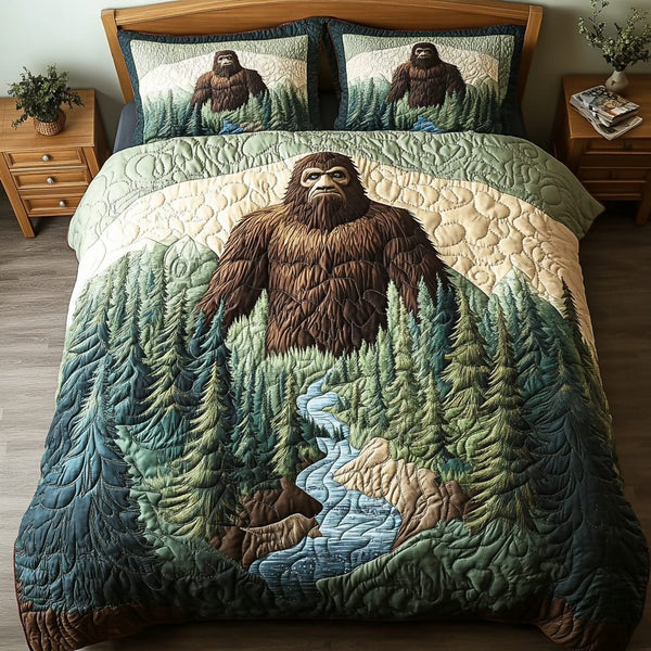 Hidden Giant quilted 3-piece bedding set on a made bed with two matching pillow shams