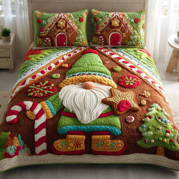 Hidden Gnome Hollow quilted 3-piece bedding set on a made bed in a winter-styled bedroom