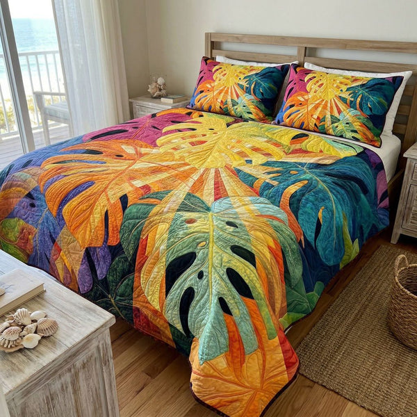 Hidden Jungle quilted 3-piece bedding set on a made bed with two matching pillow shams