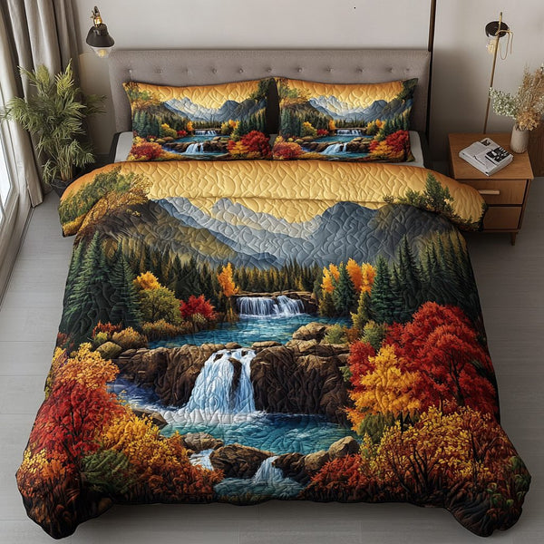 Hidden Oasis quilted 3-piece bedding set on a made bed with two matching pillow shams