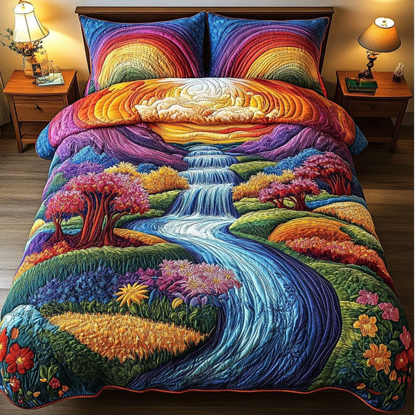 Hidden Oasis quilted 3-piece bedding set on a made bed with two matching pillow shams