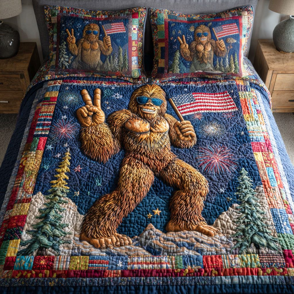 Hidden Sasquatch quilted 3-piece bedding set on a made bed with two matching pillow shams