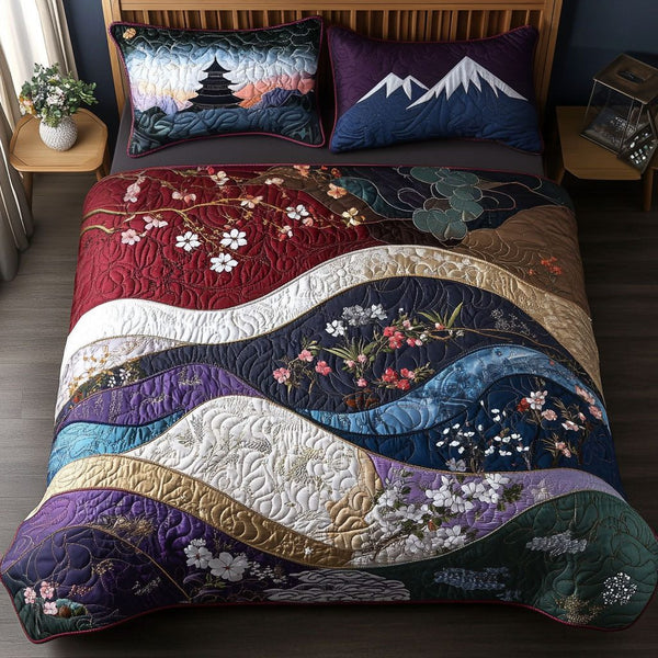 Hidden Temples quilted 3-piece bedding set on a made bed with two matching pillow shams