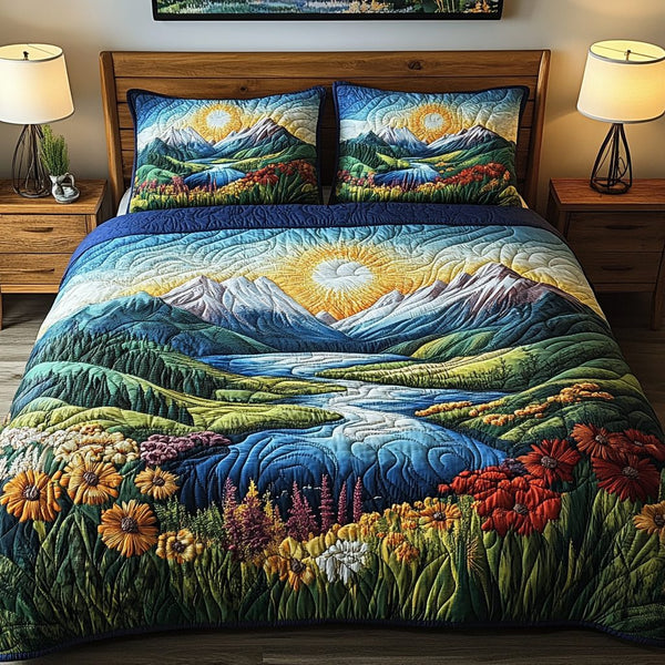 Hidden Trail quilted 3-piece bedding set on a made bed with two matching pillow shams
