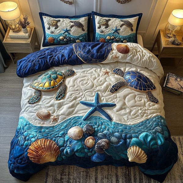 Hidden Turtle Haven quilted 3-piece bedding set on a made bed in a light coastal bedroom