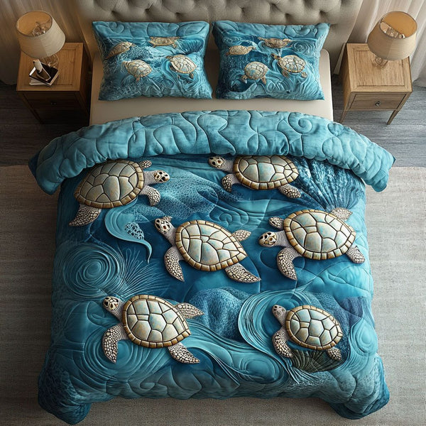 Hidden Turtle Haven quilted 3-piece bedding set on a made bed in a light coastal bedroom