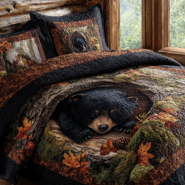 Hidden Valley Black Bear quilted 3-piece bedding set on a made bed with two matching pillow shams