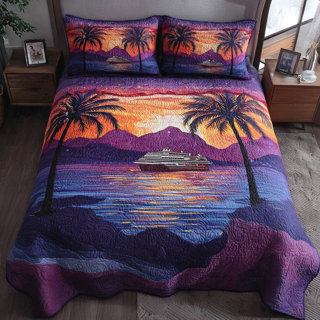 High Seas Adventure quilted 3-piece bedding set on a made bed in a winter-styled bedroom