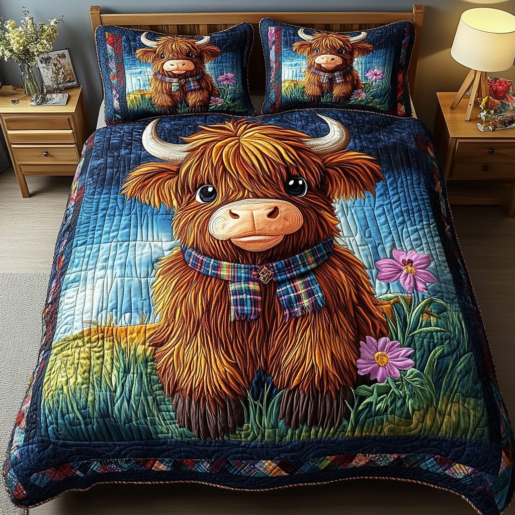 Highland Bloom quilted 3-piece bedding set on a made bed with two matching pillow shams