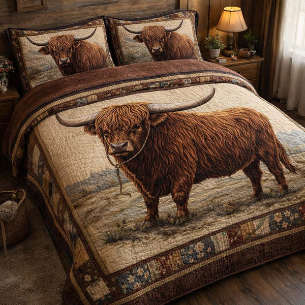 Highland Cattle quilted 3-piece bedding set on a made bed in a rustic timber bedroom