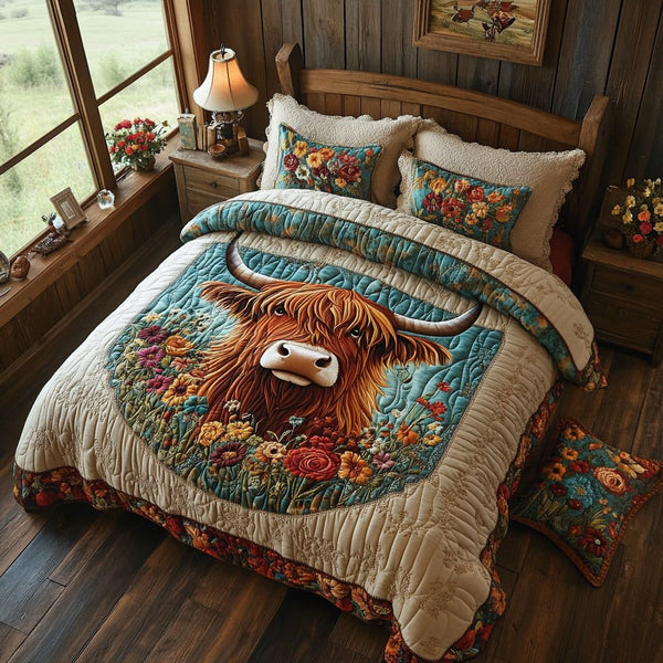 Highland Charm quilted 3-piece bedding set on a made bed with two matching pillow shams