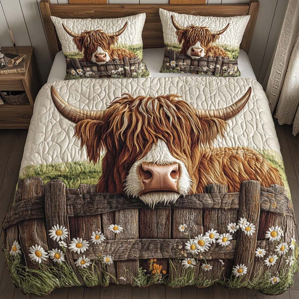 Highland Country Life quilted 3-piece bedding set on a made bed in a farmhouse bedroom