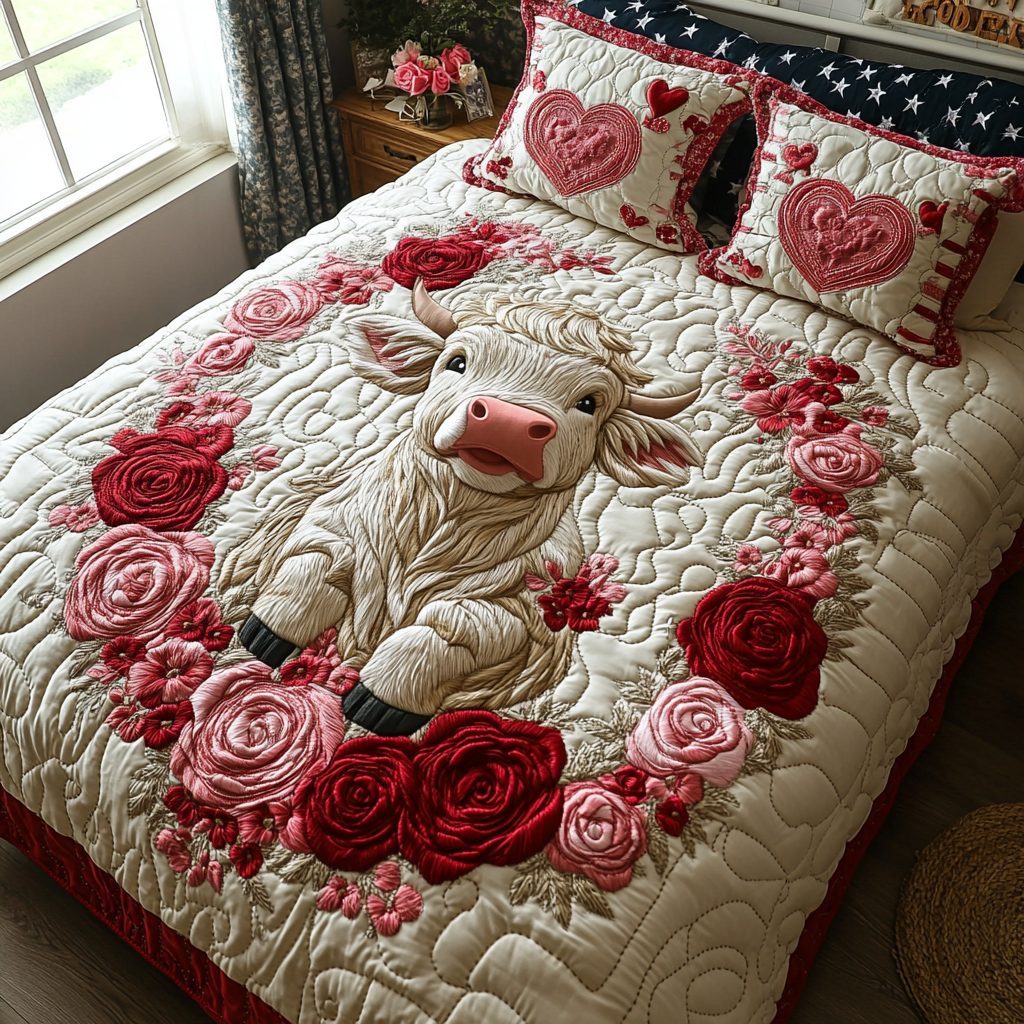 Highland Cow Bliss quilted 3-piece bedding set on a made bed with two matching pillow shams