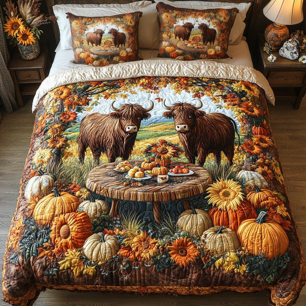 Highland Cow Bloom quilted 3-piece bedding set on a made bed with two matching pillow shams