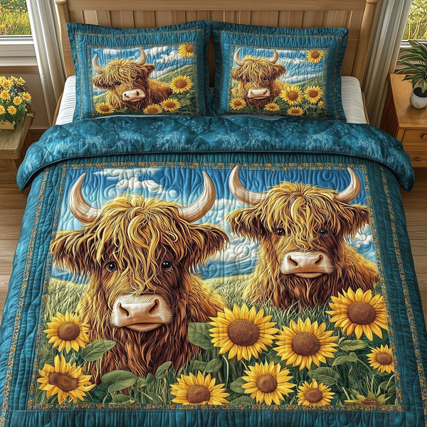 Highland Cow Buddy quilted 3-piece bedding set on a made bed with two matching pillow shams