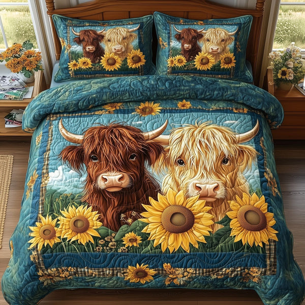 Highland Cow Buddy quilted 3-piece bedding set on a made bed with two matching pillow shams