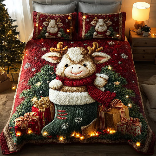 Highland Cow Charm quilted 3-piece bedding set on a made bed with two matching pillow shams