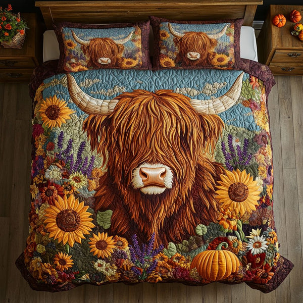 Highland Cow Charm quilted 3-piece bedding set on a made bed with two matching pillow shams