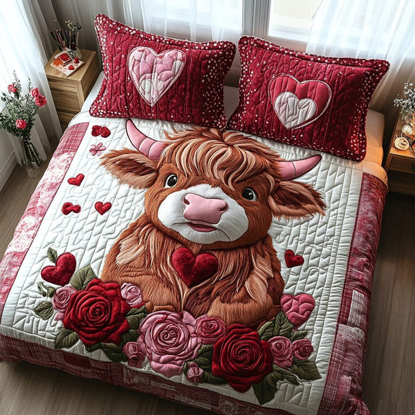 Highland Cow Charm quilted 3-piece bedding set on a made bed with two matching pillow shams