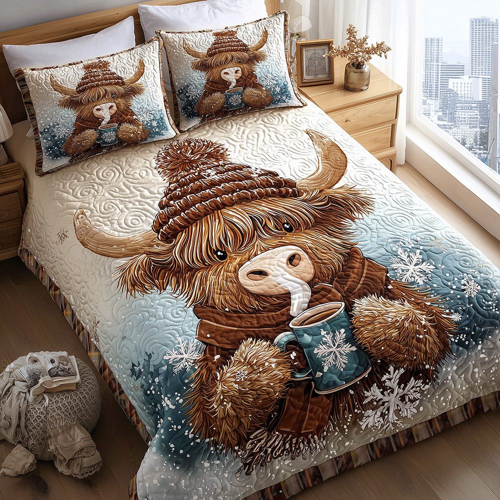Highland Cow Cocoa Mornings quilted 3-piece bedding set on a made bed with two matching pillow shams