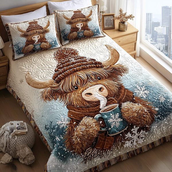 Highland Cow Cocoa Mornings quilted 3-piece bedding set on a made bed with two matching pillow shams