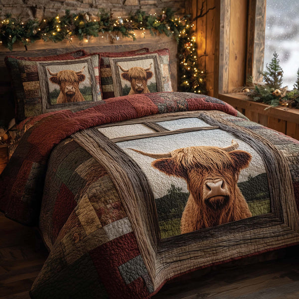 Highland Cow Dream quilted 3-piece bedding set on a made bed with two matching pillow shams