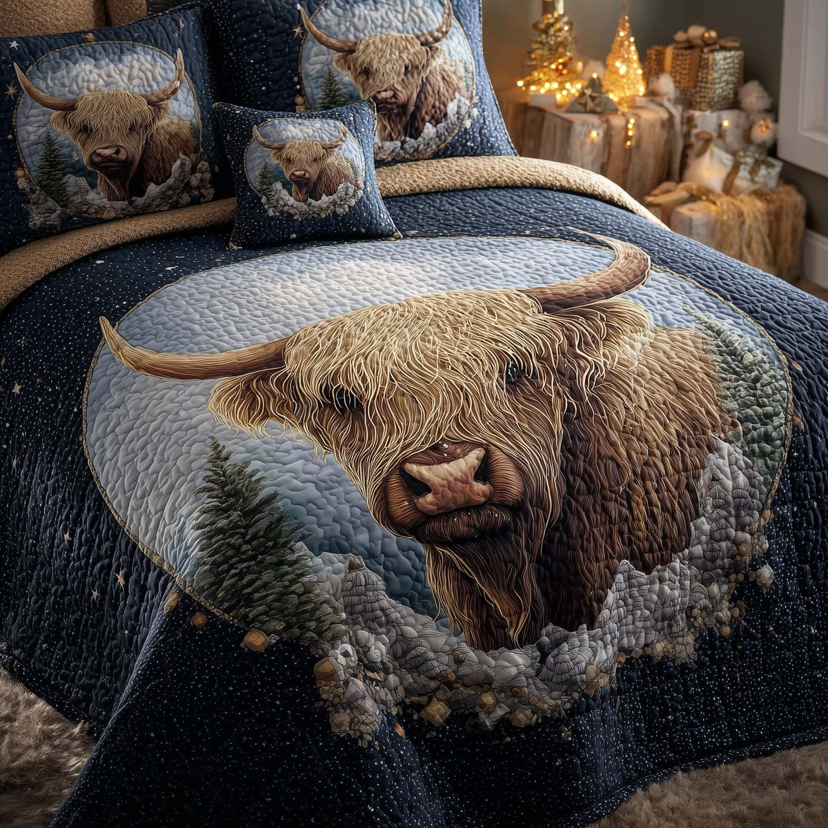 Highland Cow Dream quilted 3-piece bedding set on a made bed with two matching pillow shams